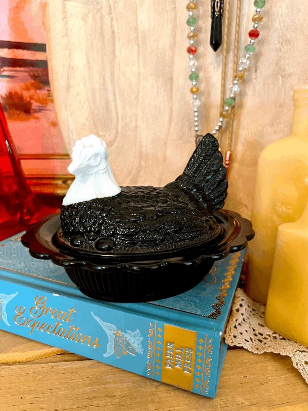Vintage Mosser Glass Black Amethyst & White Milk Glass Hen on Nest Covered Dish